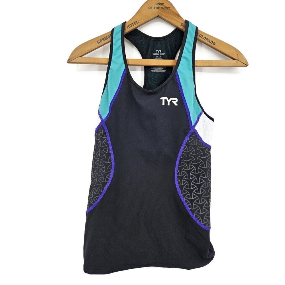New TYR Competitor Tri Tank Womens S Black Turquoise Purple Triathlon Top